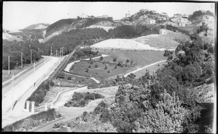Looking up Central Park (1920s) with main entrance lower left, and the first and middle path heading up the hill. The small trees on the lawn in the centre are the southern live oaks [photo Alexander Turnbull Library]
